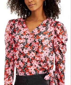 NEW Bar III Women's Sheer Floral V Neck Top XXL Puff Sleeve Tie Valentines